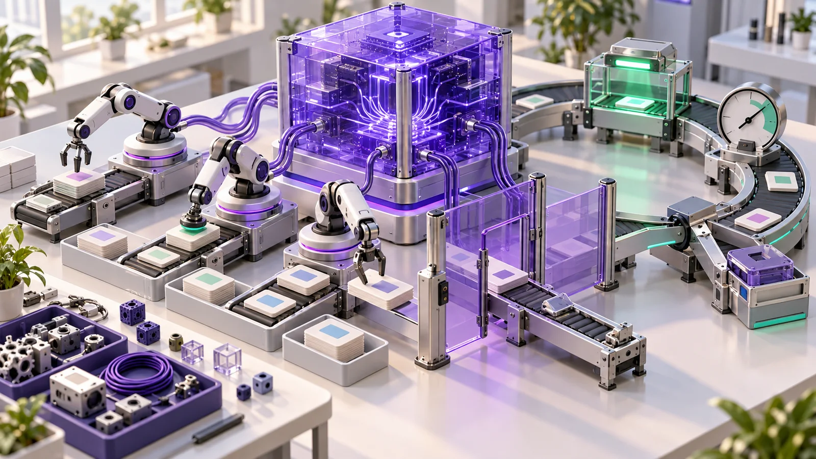 ИИ-иллюстрация: учебная лаборатория, где вычислительный модуль, агенты-манипуляторы, защитный шлюз и MLOps-трасса образуют единый производственный цикл.